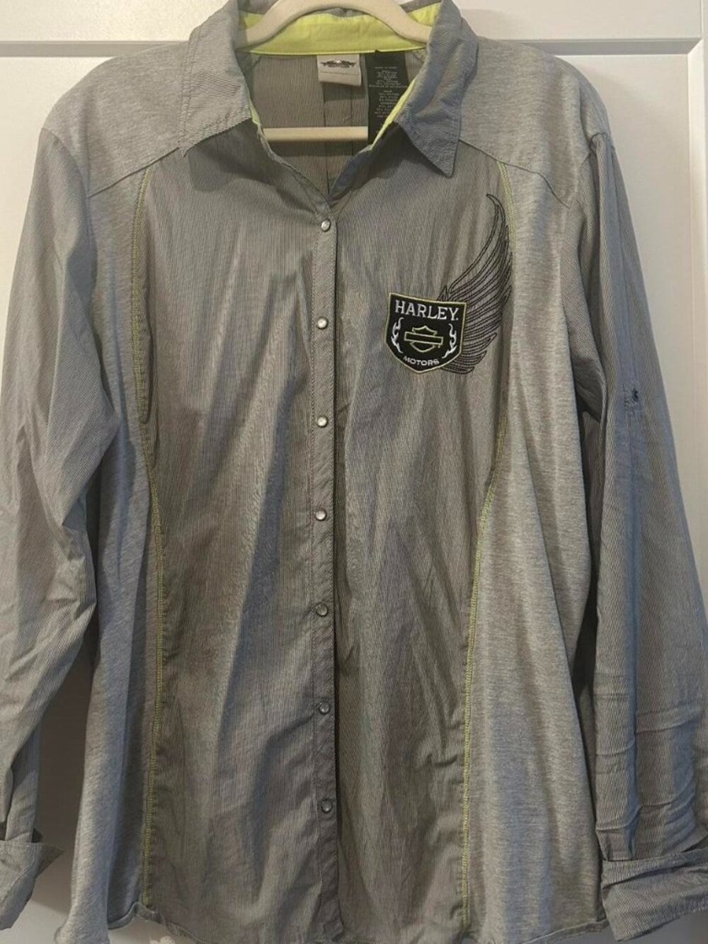 Harley-Davidson Women's Grey Pinstripe & Lime Snap-Front Shirt